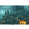 Wide Moonlit Fantasy Village desk mat with a glowing gothic village among evergreens, water and misty mountains