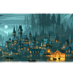 Wide Moonlit Fantasy Village desk mat with a glowing gothic village among evergreens, water and misty mountains