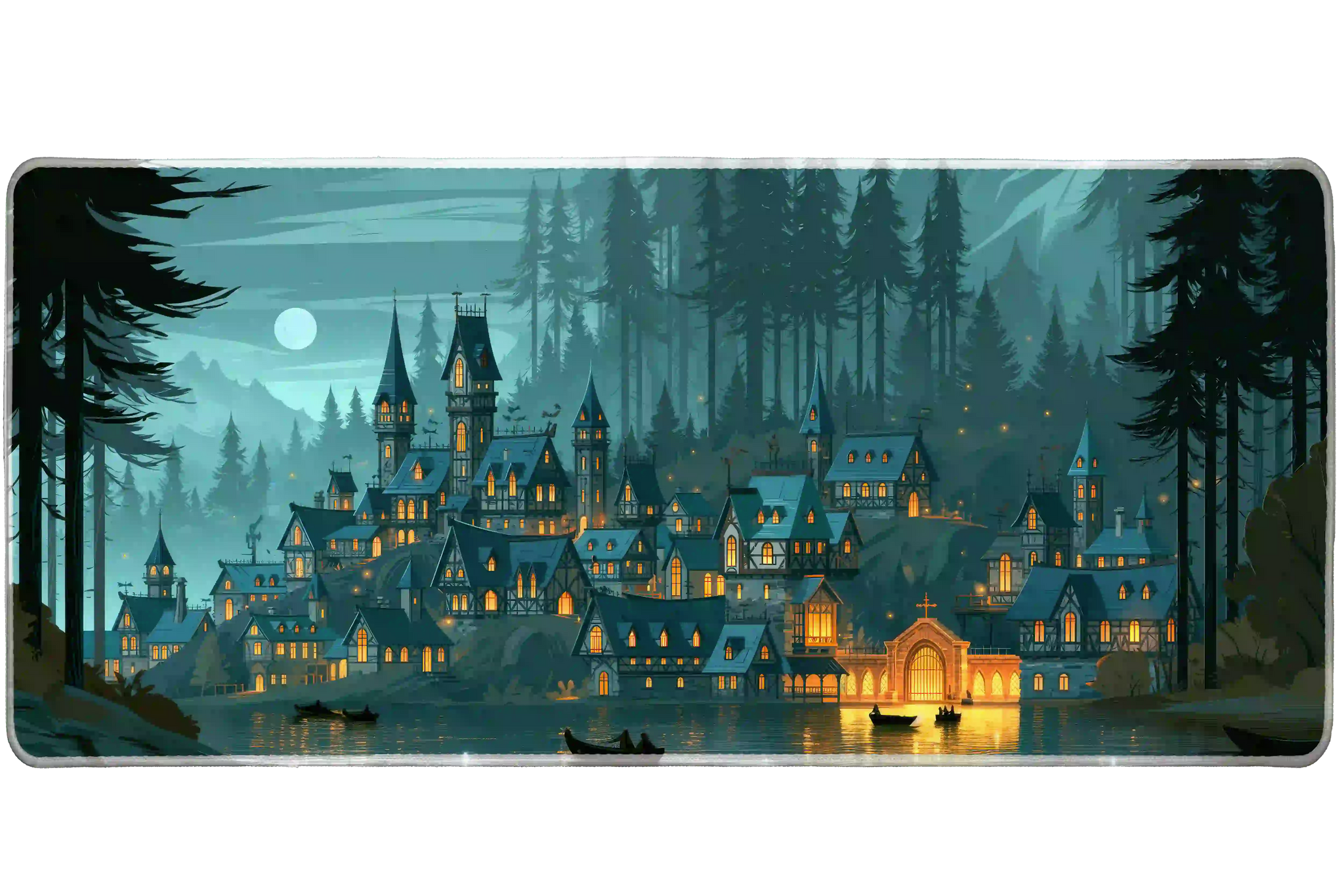 Wide Moonlit Fantasy Village desk mat with a glowing gothic village among evergreens, water and misty mountains
