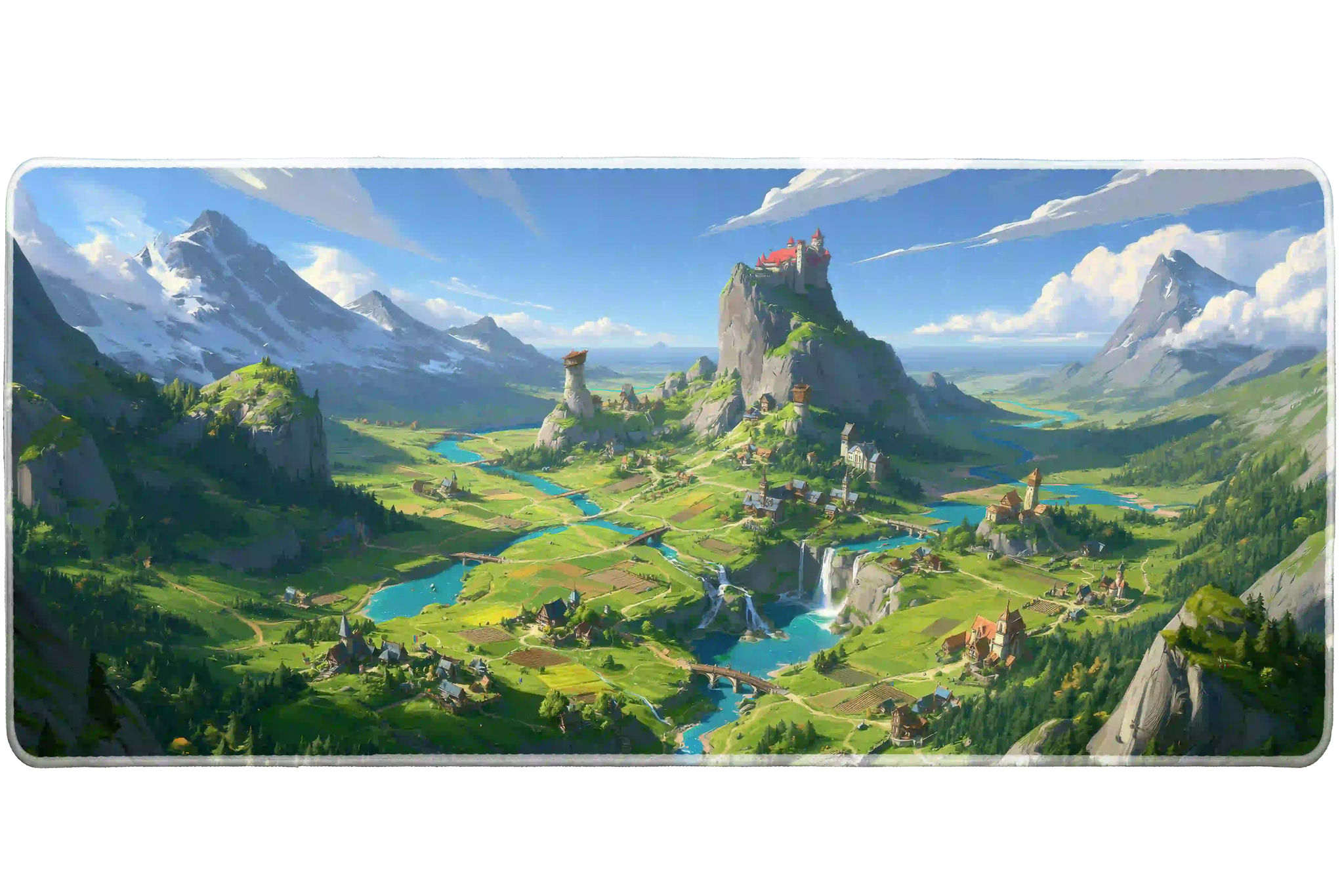 Complete fantasy mountain kingdom castle artwork printed across a large keyboard and mouse mat