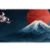 Japanese mountain desk mat with a snowy blue peak, large red sun and pale pink cherry blossom branch