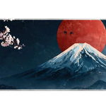 Japanese mountain desk mat with a snowy blue peak, large red sun and pale pink cherry blossom branch