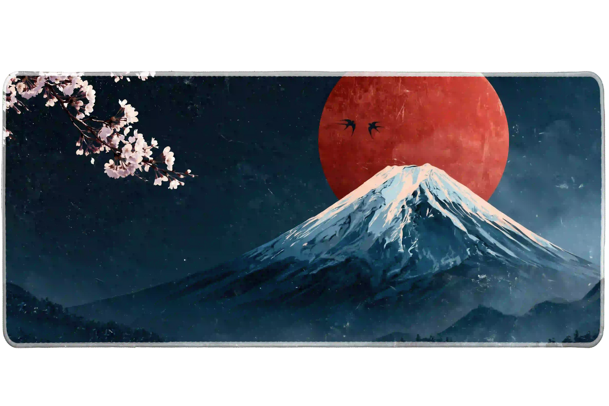Japanese mountain desk mat with a snowy blue peak, large red sun and pale pink cherry blossom branch