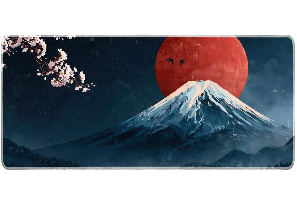 Japanese mountain desk mat with a snowy blue peak, large red sun and pale pink cherry blossom branch