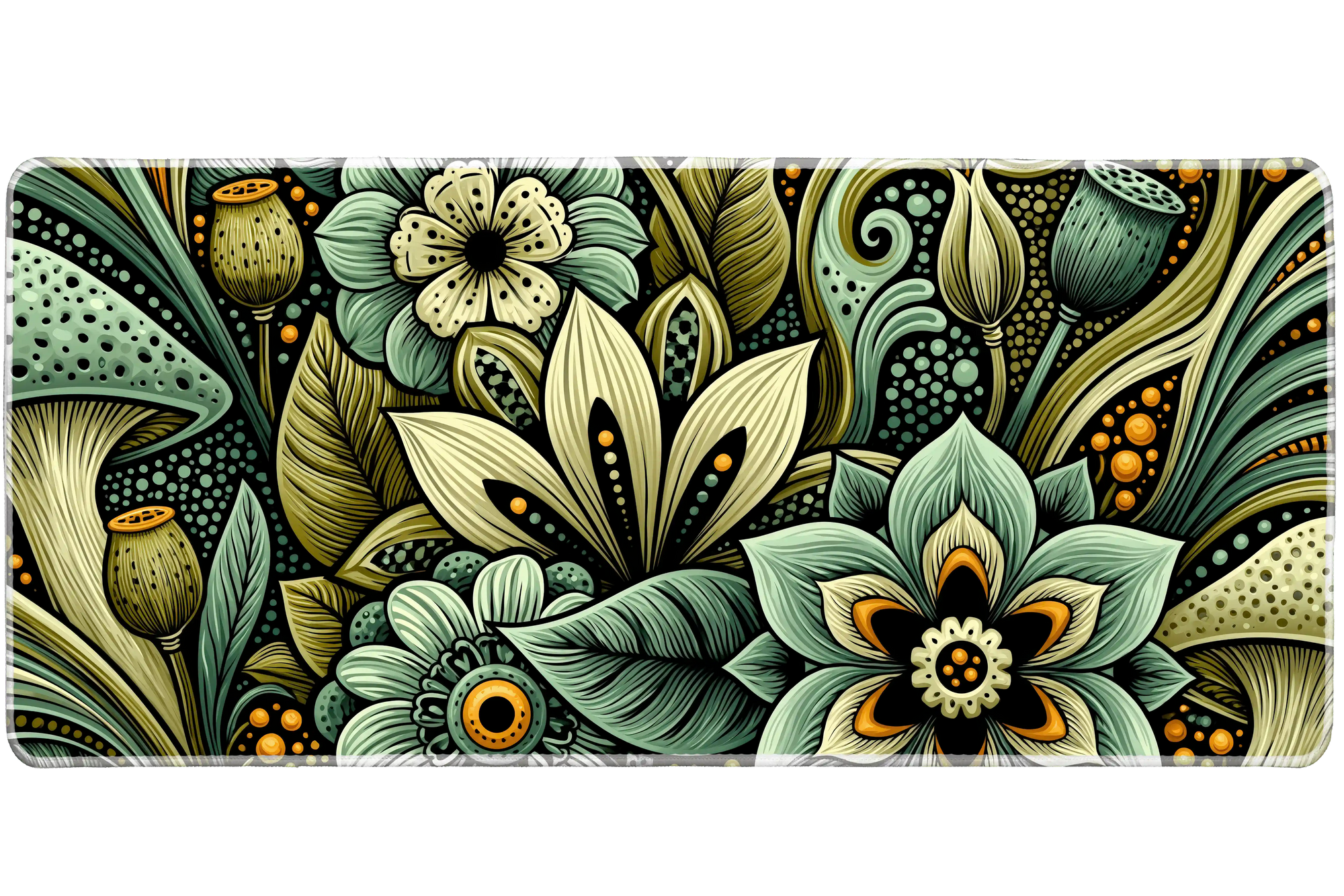 Mushroom Floral Desk Mat | Botanical Mouse Pad artwork on an extended desk mat with bold mushroom floral botanical artwork