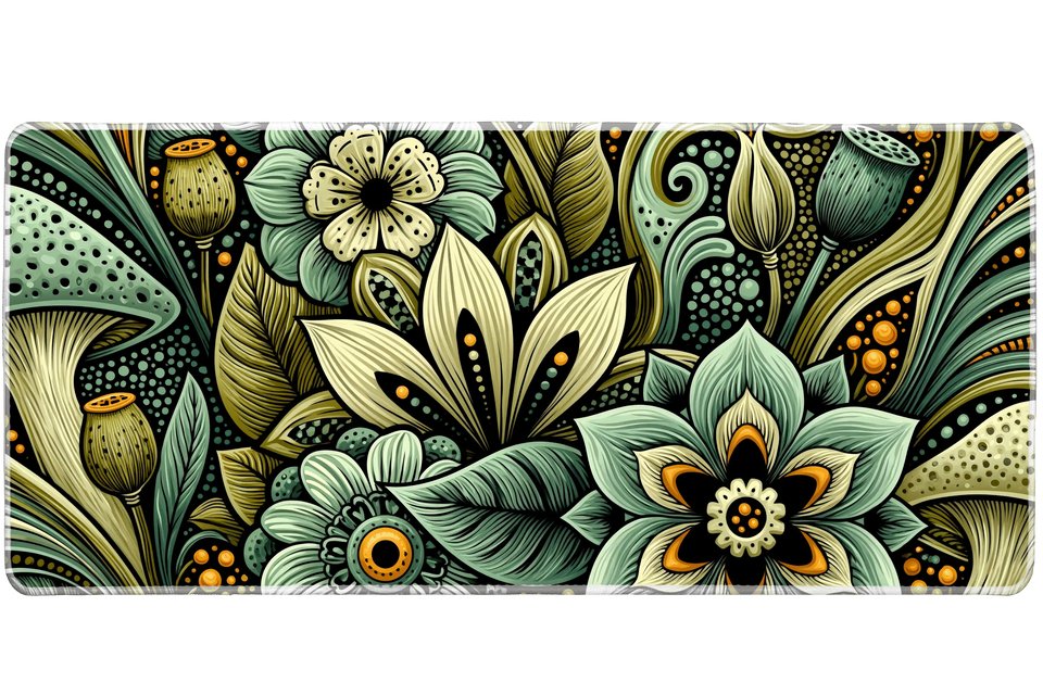 Mushroom Floral Desk Mat | Botanical Mouse Pad artwork on an extended desk mat with bold mushroom floral botanical artwork