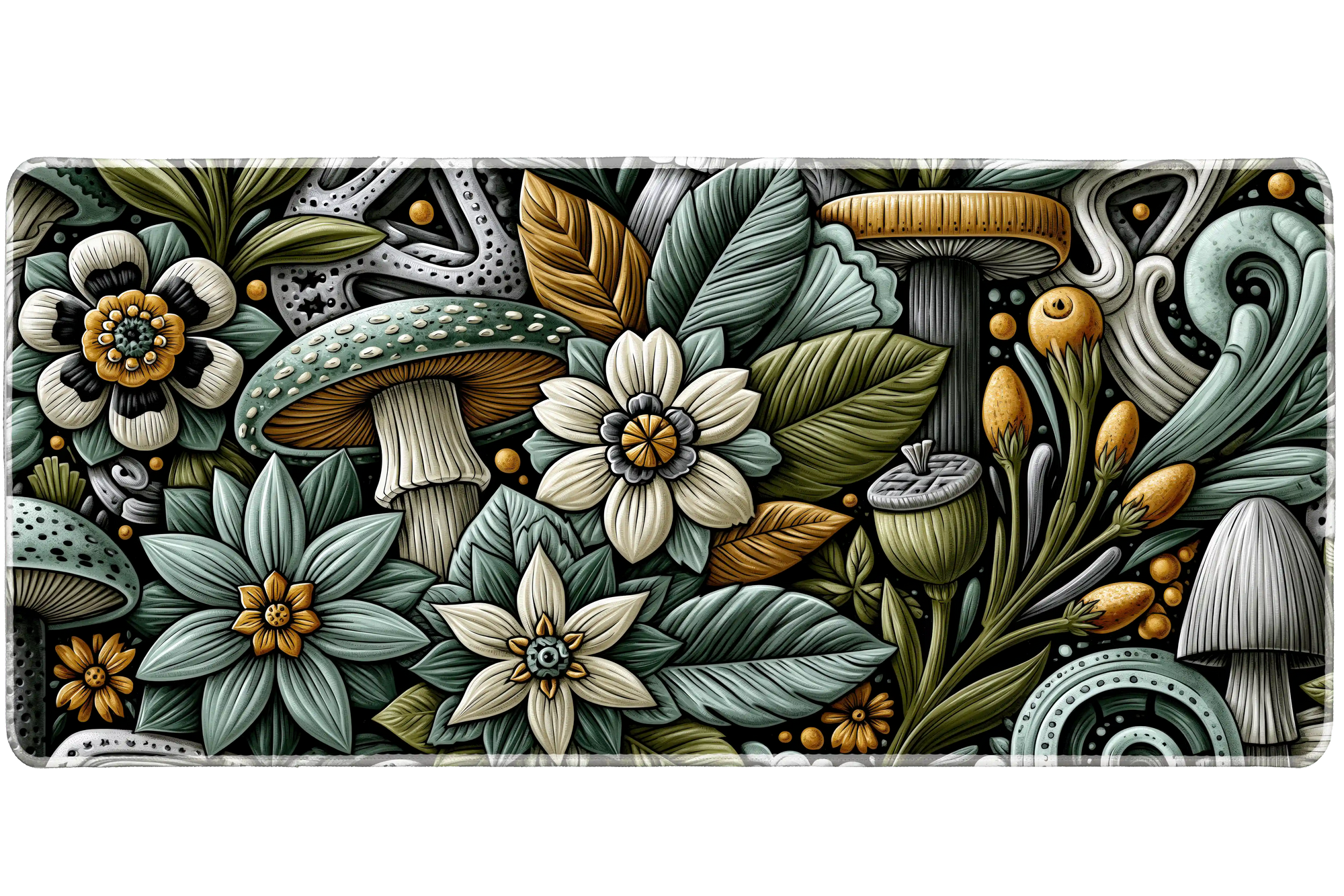 Botanical Mushroom Desk Mat | Floral Forest Mouse Pad artwork on an extended desk mat with woodland mushroom and floral artwork