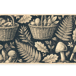 Vintage mushroom foraging desk mat with cream baskets, fungi, ferns, oak leaves and snails on charcoal