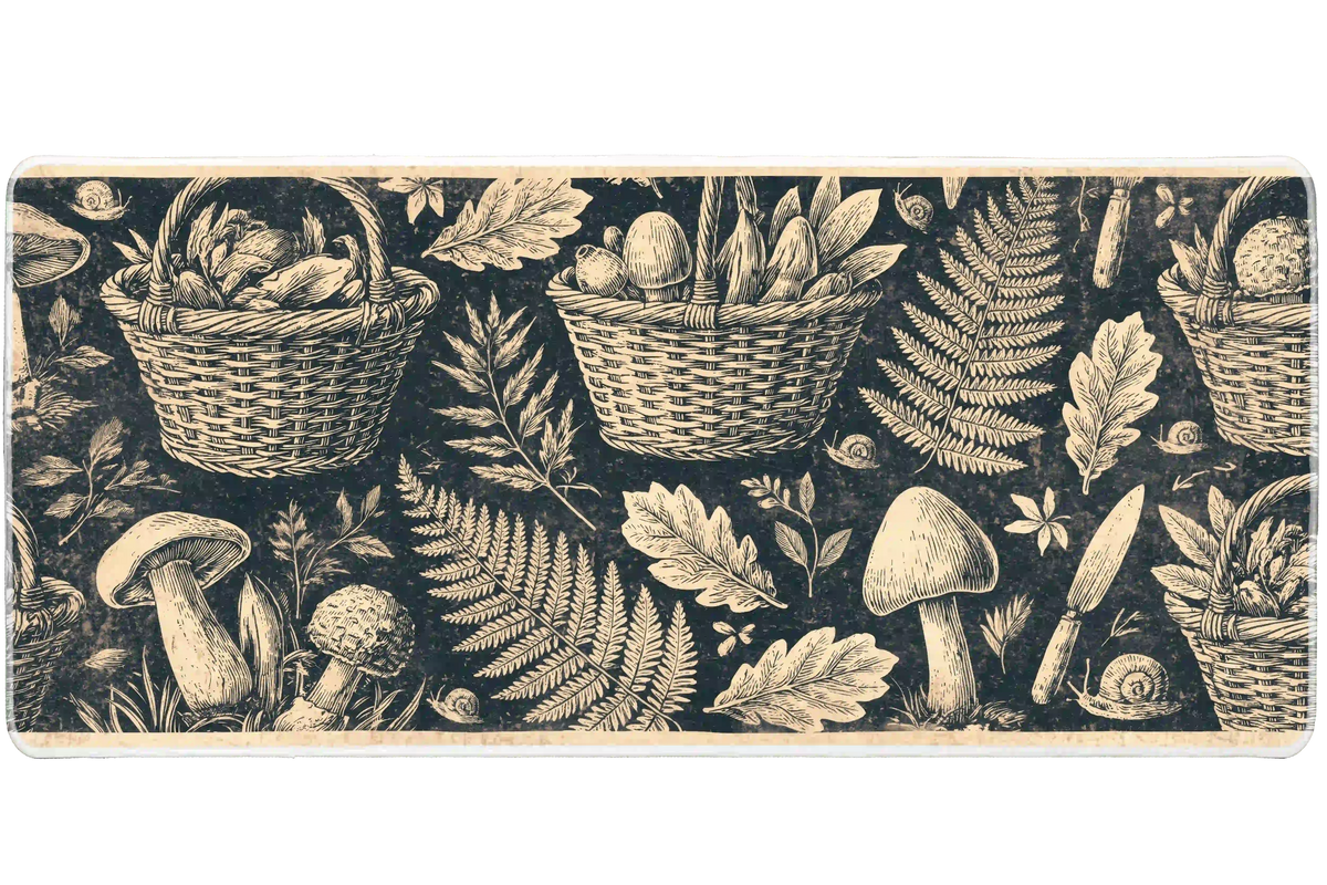 Vintage mushroom foraging desk mat with cream baskets, fungi, ferns, oak leaves and snails on charcoal