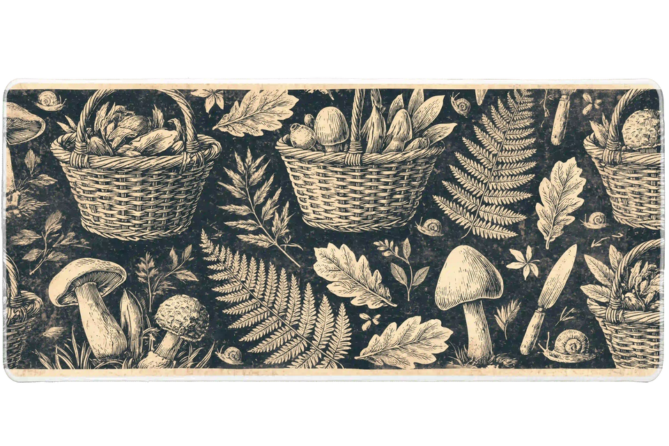 Vintage mushroom foraging desk mat with cream baskets, fungi, ferns, oak leaves and snails on charcoal