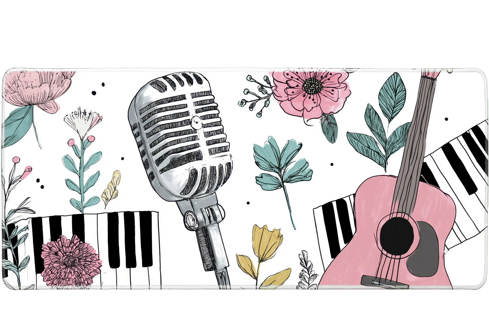 Music-themed 90x40cm desk mat with floral art, microphone, and guitar – Print My Pad
