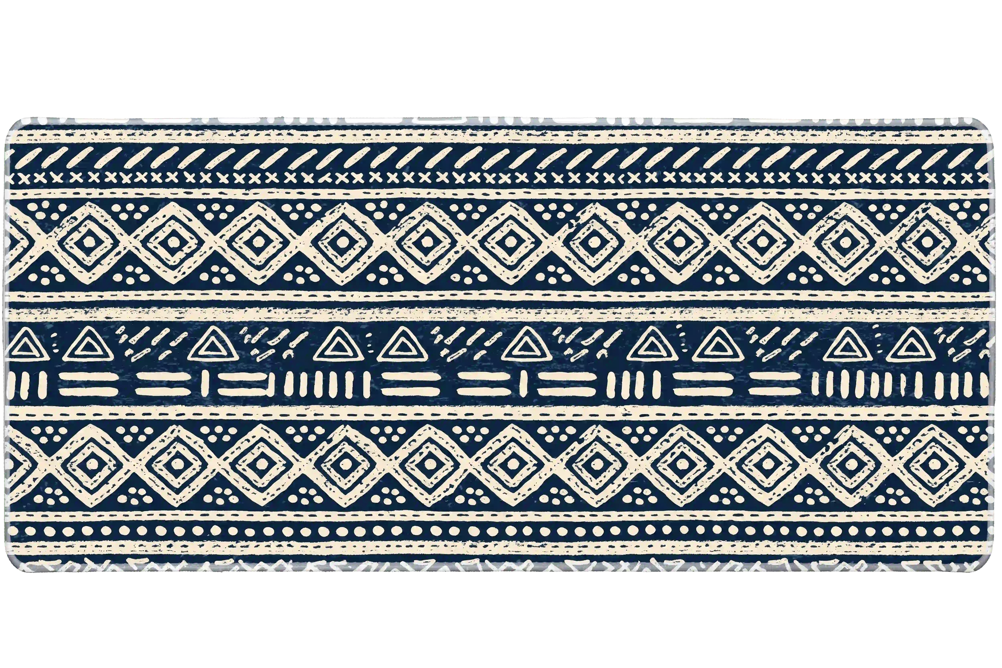 Navy Mudcloth desk mat artwork in a wide product view