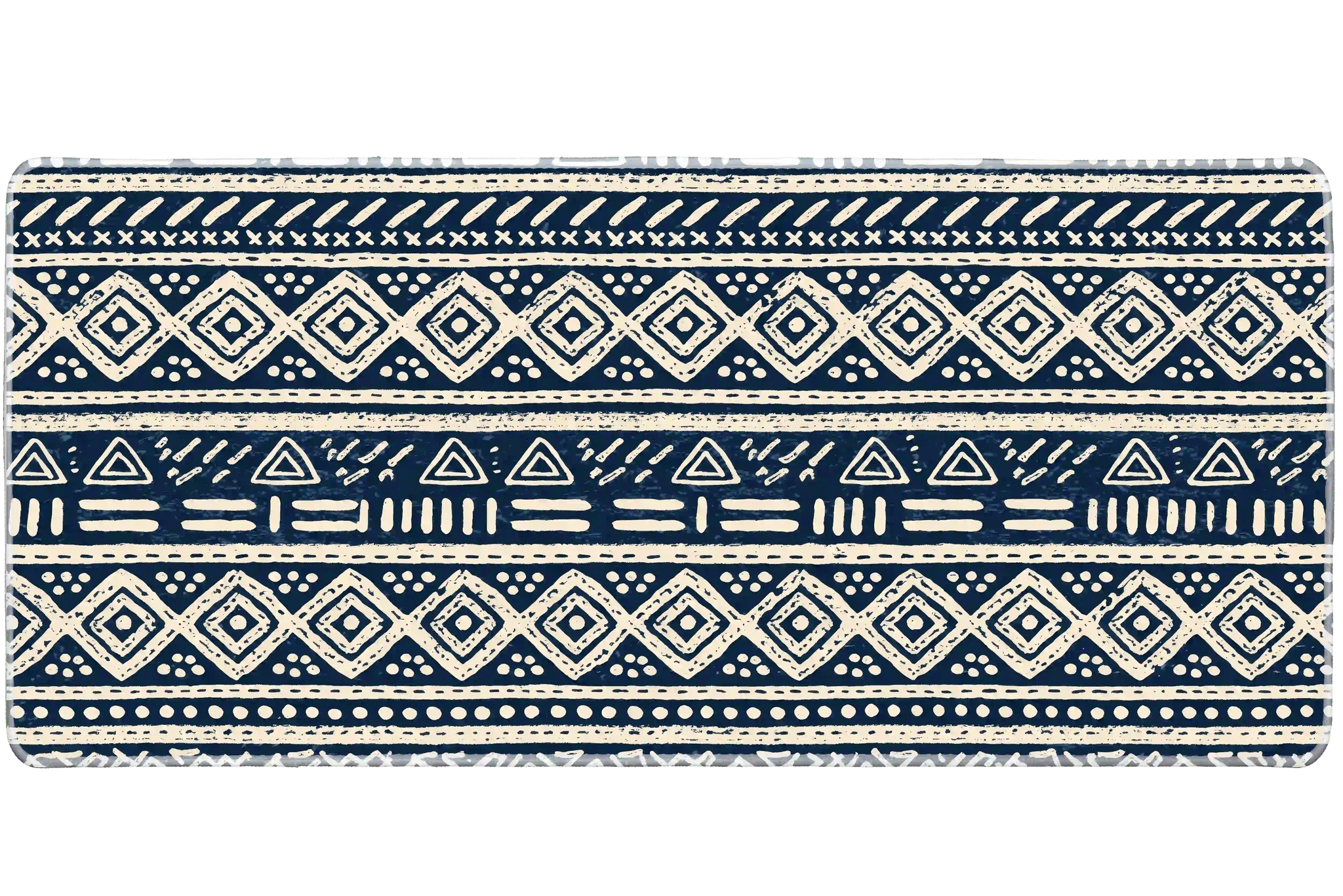 Navy Mudcloth desk mat artwork in a wide product view
