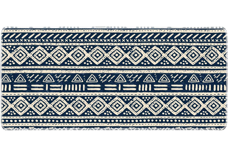 Navy Mudcloth desk mat artwork in a wide product view