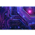 Neon cyber circuit board desk mat shown in its wide-format artwork view