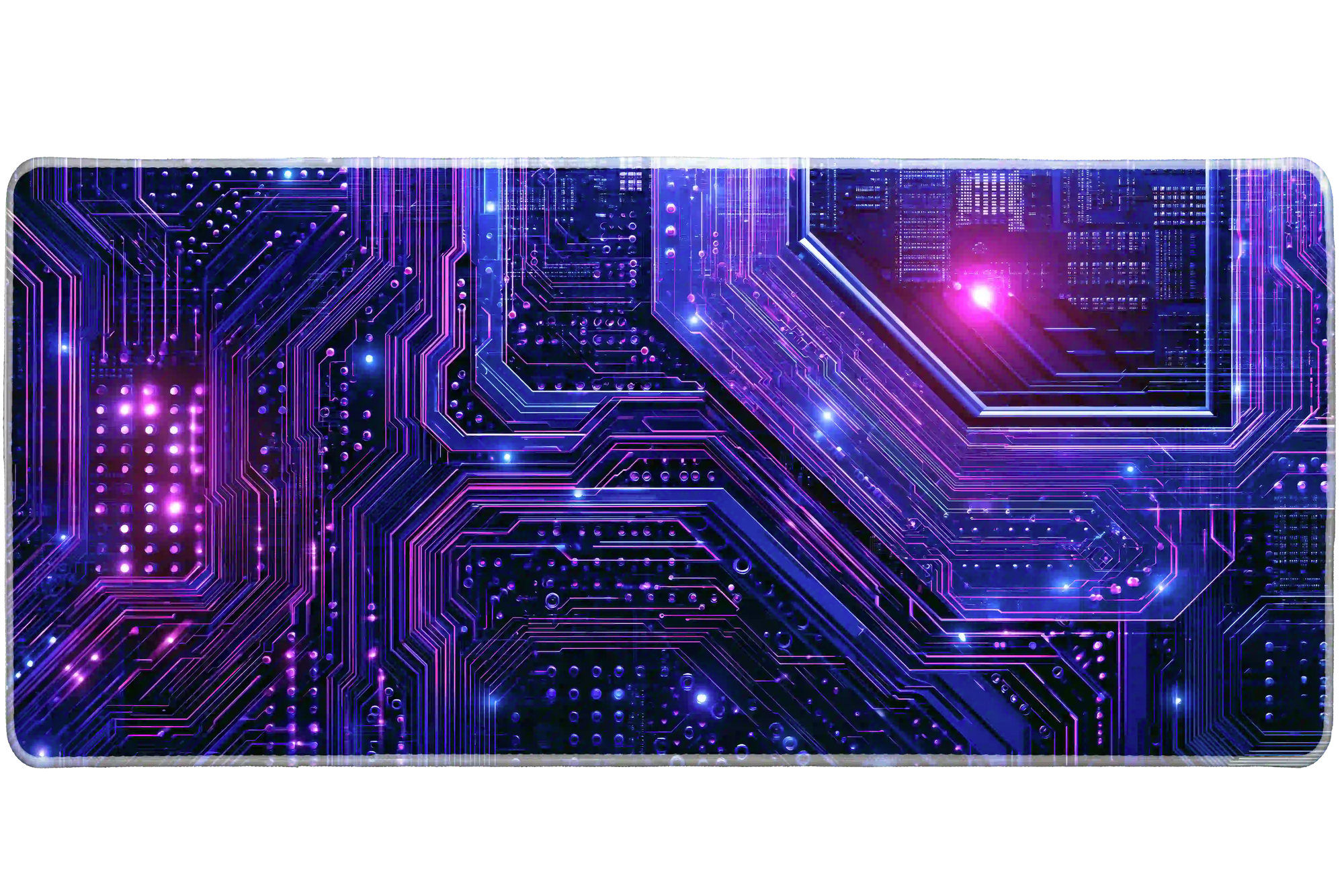 Neon cyber circuit board desk mat shown in its wide-format artwork view