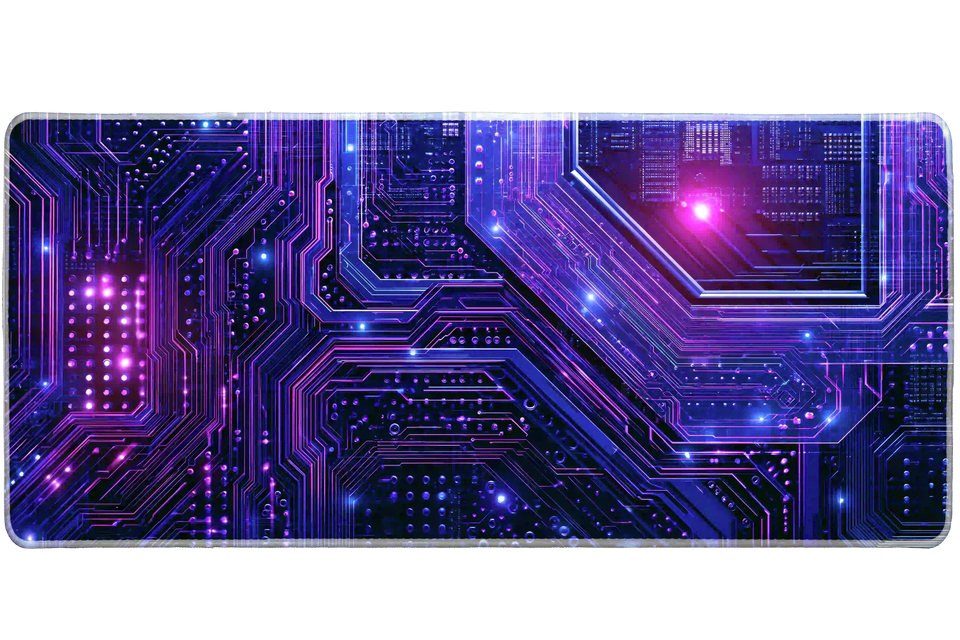 Neon cyber circuit board desk mat shown in its wide-format artwork view
