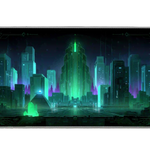 Futuristic city desk mat with a glowing green central tower, teal skyscrapers and purple light against a dark sky