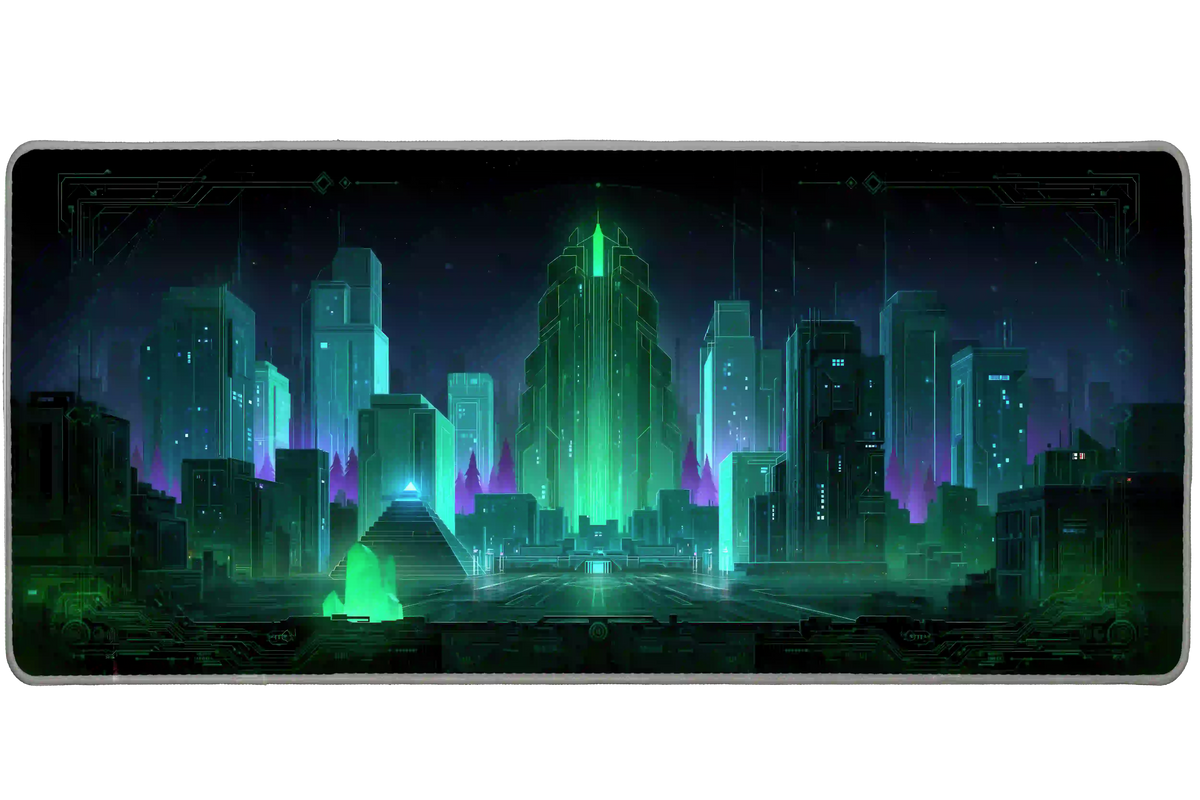 Futuristic city desk mat with a glowing green central tower, teal skyscrapers and purple light against a dark sky