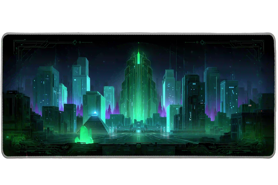 Futuristic city desk mat with a glowing green central tower, teal skyscrapers and purple light against a dark sky