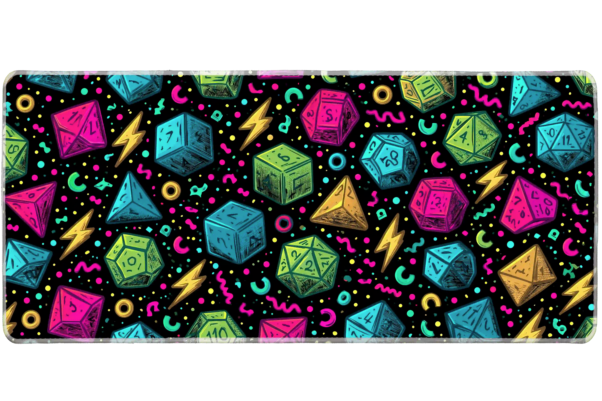 Neon D20 Dice desk mat artwork in a wide product view