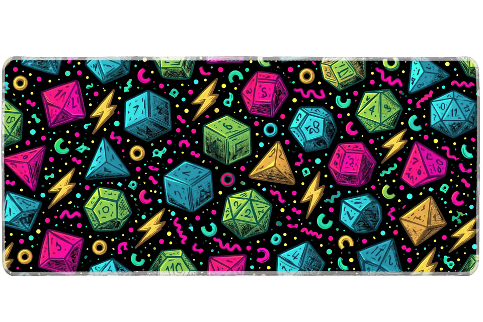 Neon D20 Dice desk mat artwork in a wide product view