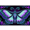 Neon fantasy moth desk mat with turquoise and purple patterned wings surrounded by flowers on black