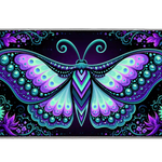 Neon fantasy moth desk mat with turquoise and purple patterned wings surrounded by flowers on black