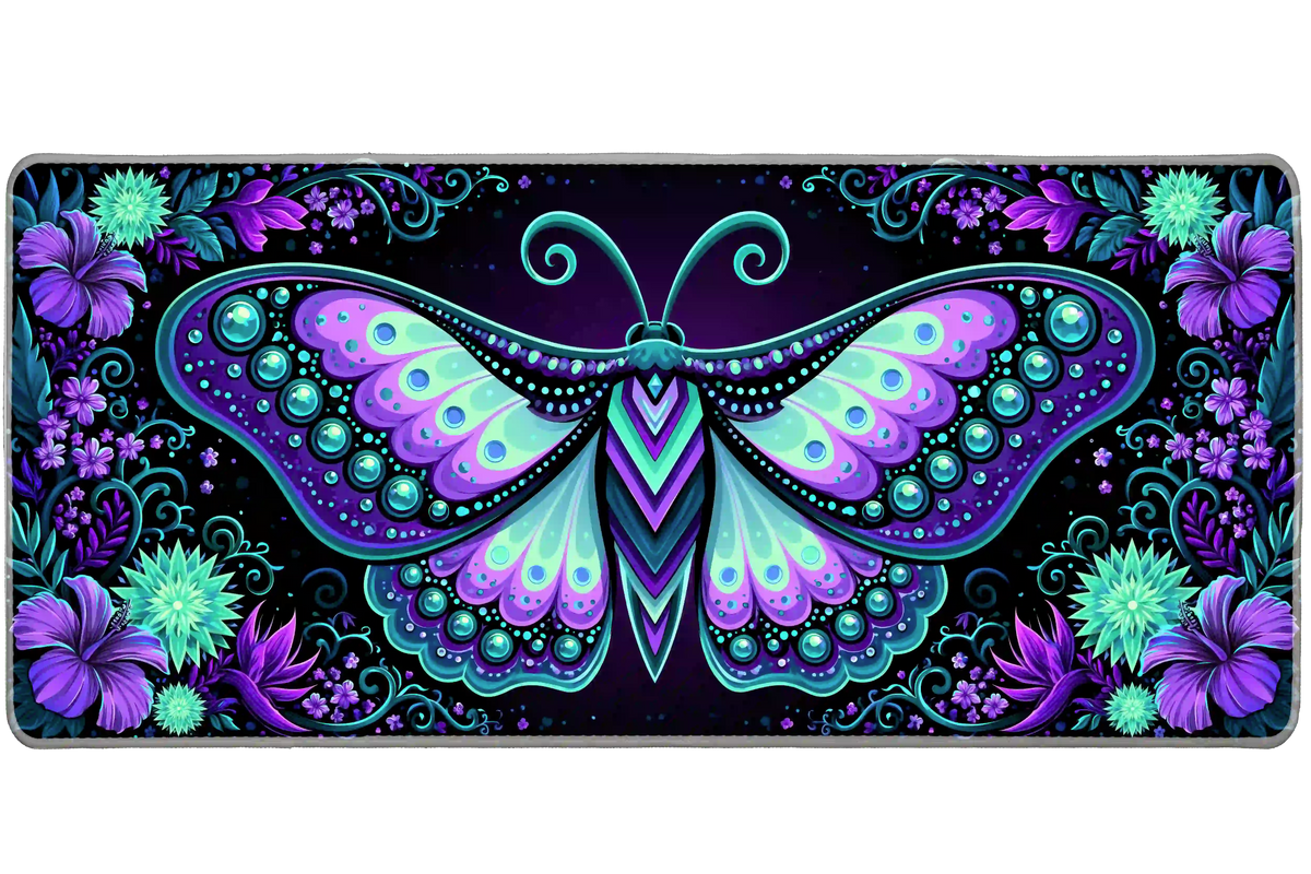 Neon fantasy moth desk mat with turquoise and purple patterned wings surrounded by flowers on black