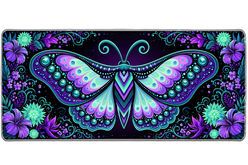 Neon fantasy moth desk mat with turquoise and purple patterned wings surrounded by flowers on black