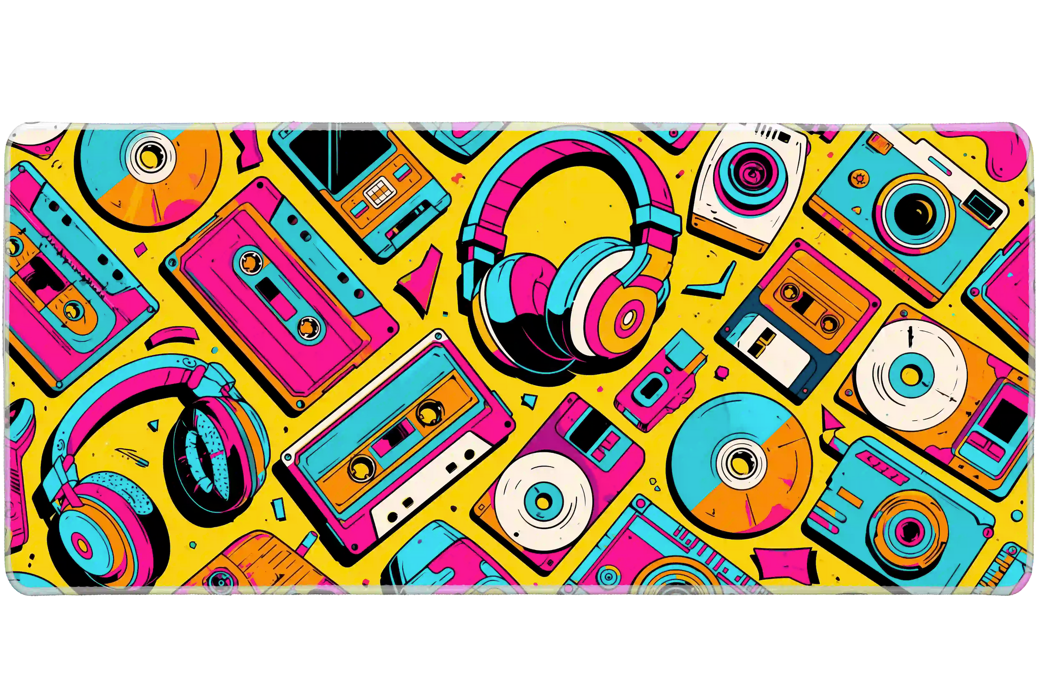 Neon 90s Cassette desk mat artwork in a wide product view
