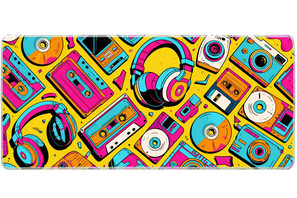 Neon 90s Cassette desk mat artwork in a wide product view