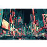 Neon Tokyo Street Desk Mat | Cyberpunk Mouse Pad artwork on an extended desk mat with neon Tokyo street artwork