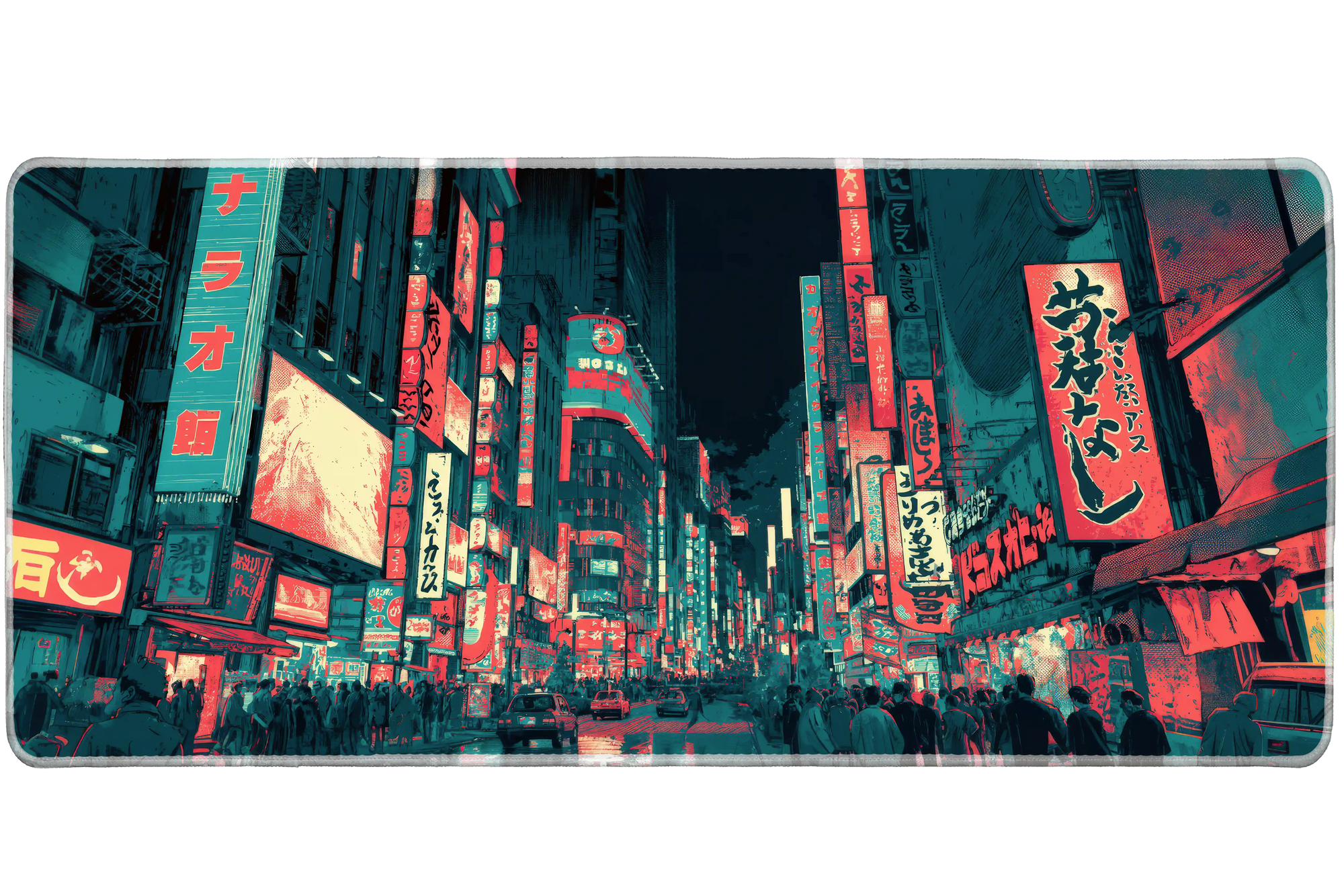 Neon Tokyo Street Desk Mat | Cyberpunk Mouse Pad artwork on an extended desk mat with neon Tokyo street artwork