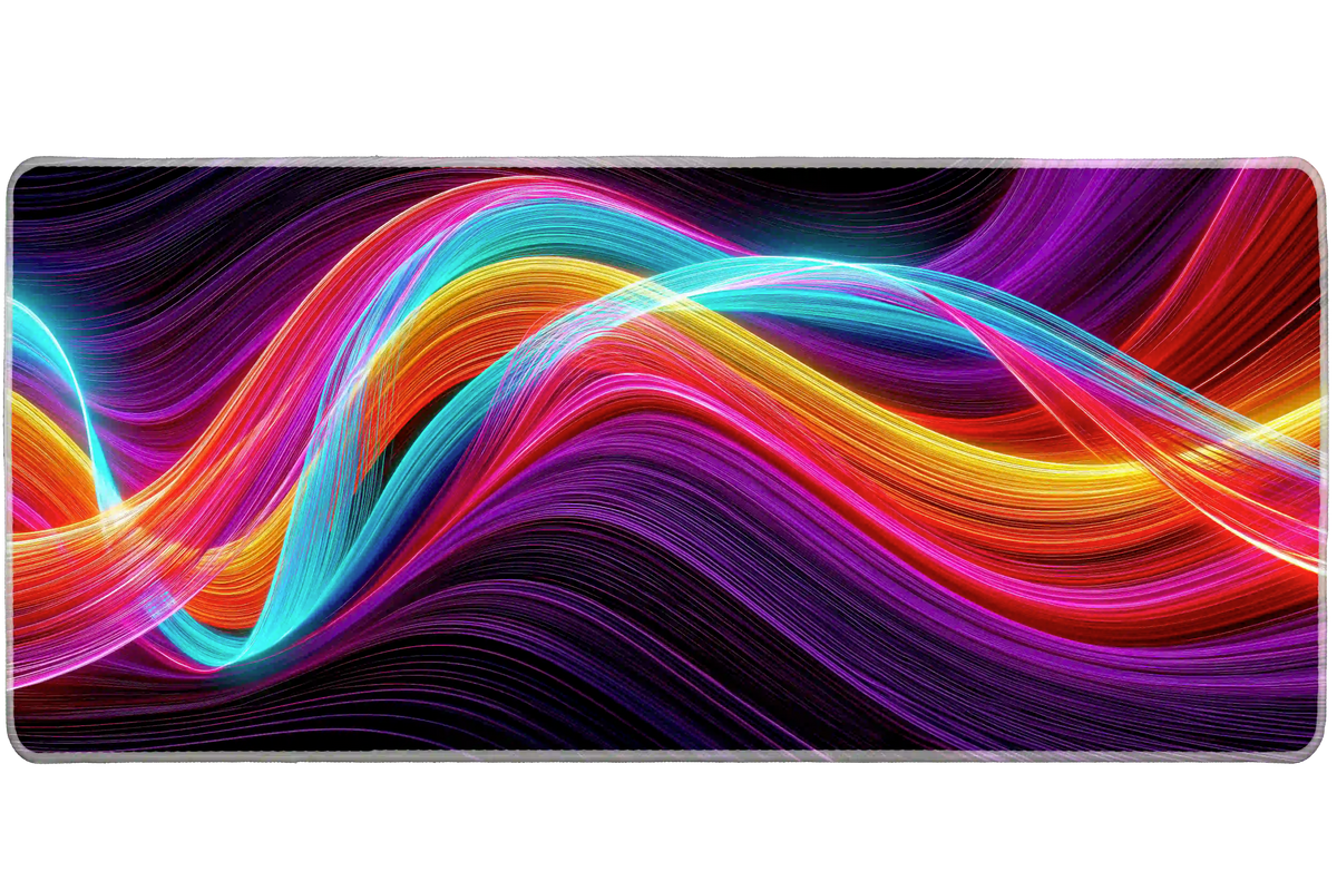 Abstract neon wave desk mat with blue, pink, purple, orange and yellow light trails flowing across black
