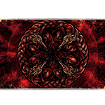 Norse-inspired dragon knot desk mat with a circular red and black emblem and antique gold-colored ornament
