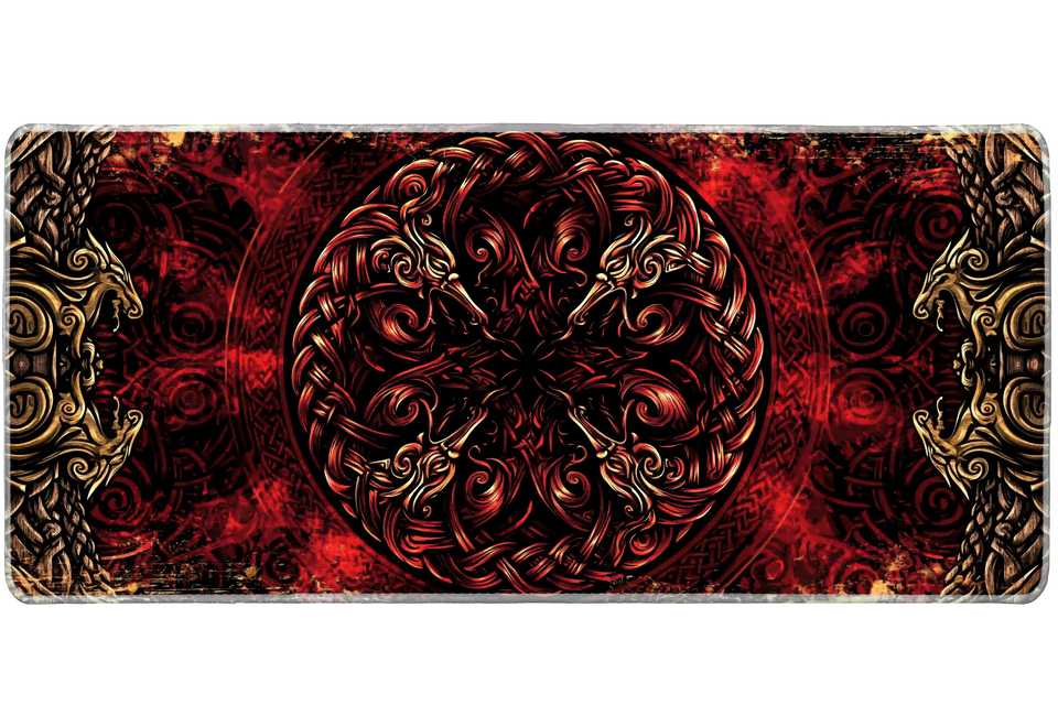 Norse-inspired dragon knot desk mat with a circular red and black emblem and antique gold-colored ornament