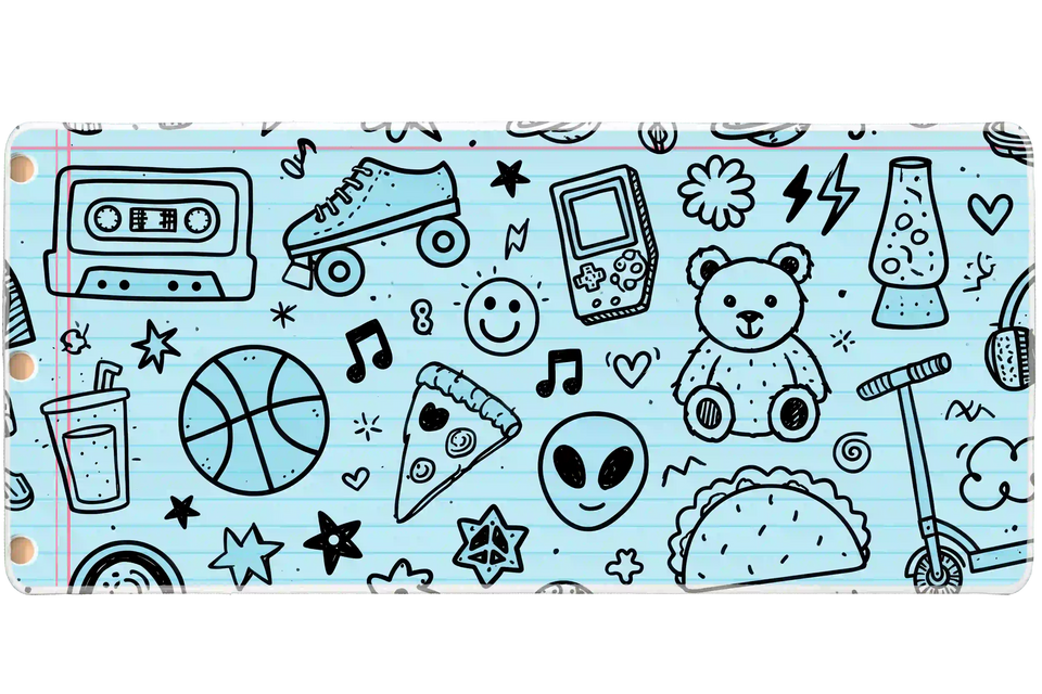 Notebook Doodle desk mat artwork in a wide product view