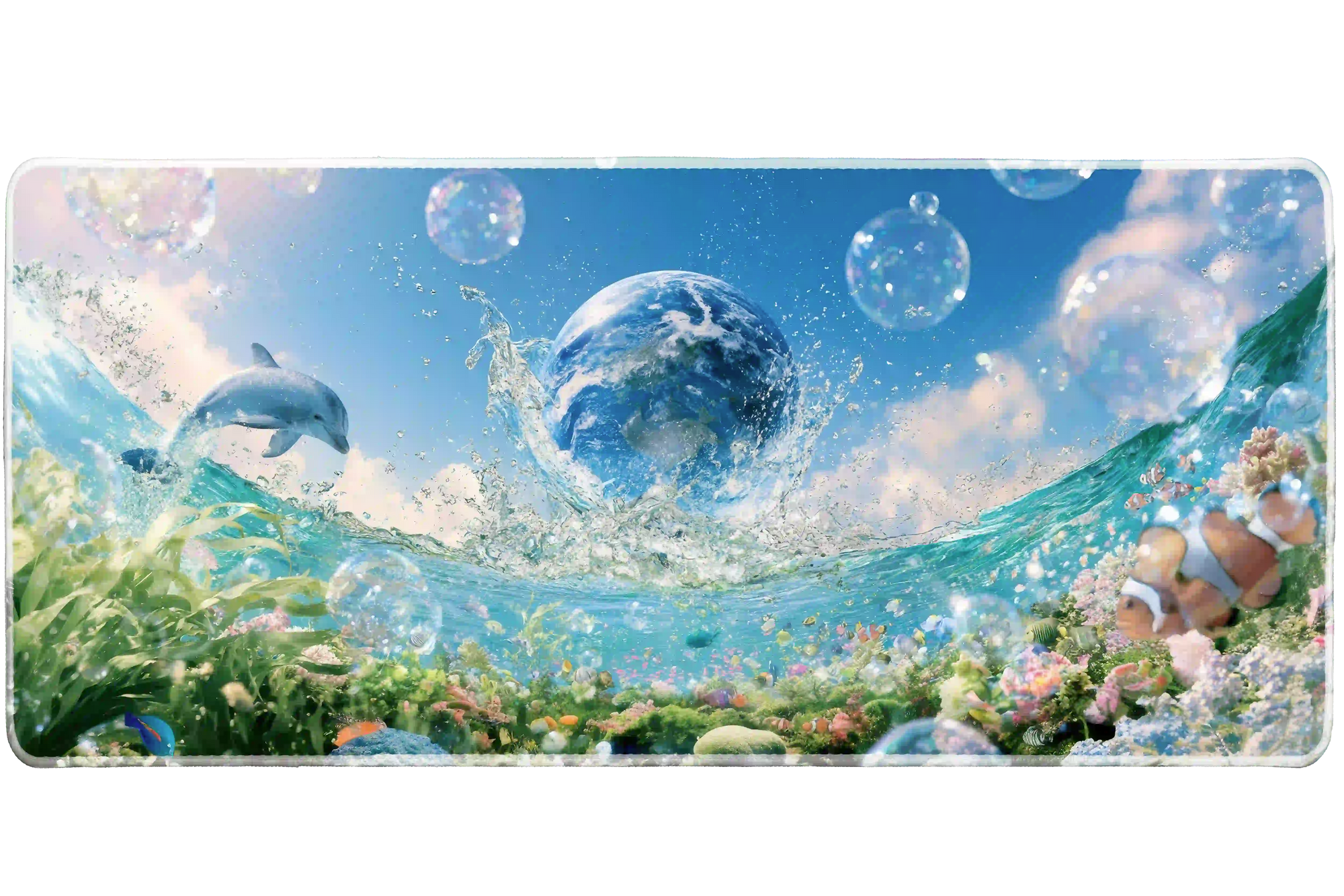 Frutiger Aero Ocean Earth desk mat artwork in a wide product view