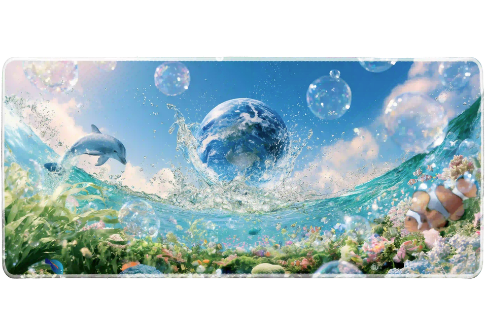 Frutiger Aero Ocean Earth desk mat artwork in a wide product view