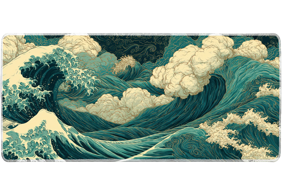 Stormy Ocean Wave Desk Mat | Japanese Sea Mouse Pad artwork on an extended desk mat with dramatic Japanese-inspired ocean wave artwork