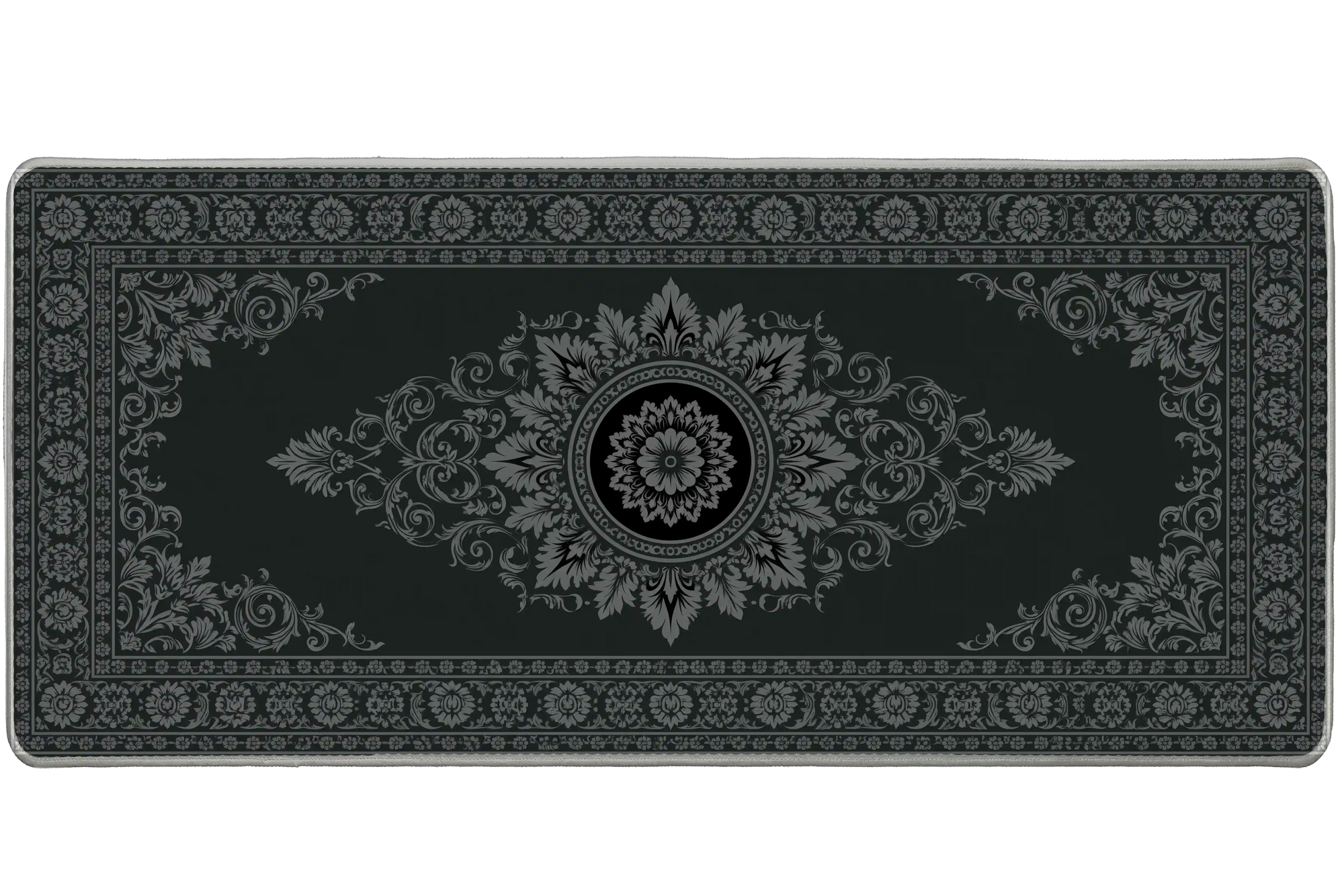 Dark Ornate Floral Vintage Pattern desk mat with vintage-inspired scrollwork, decorative borders, and a