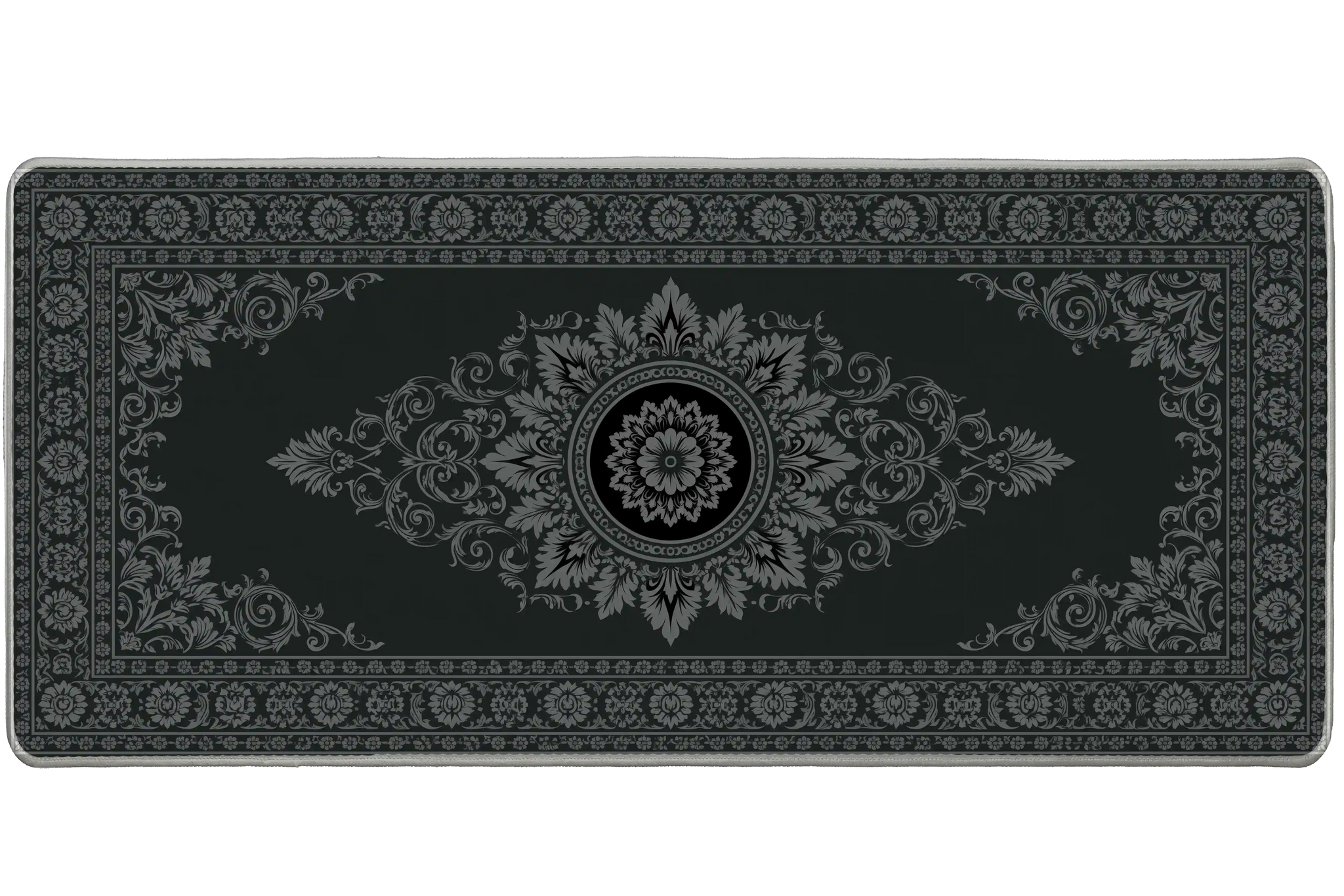 Dark Ornate Floral Vintage Pattern desk mat with vintage-inspired scrollwork, decorative borders, and a