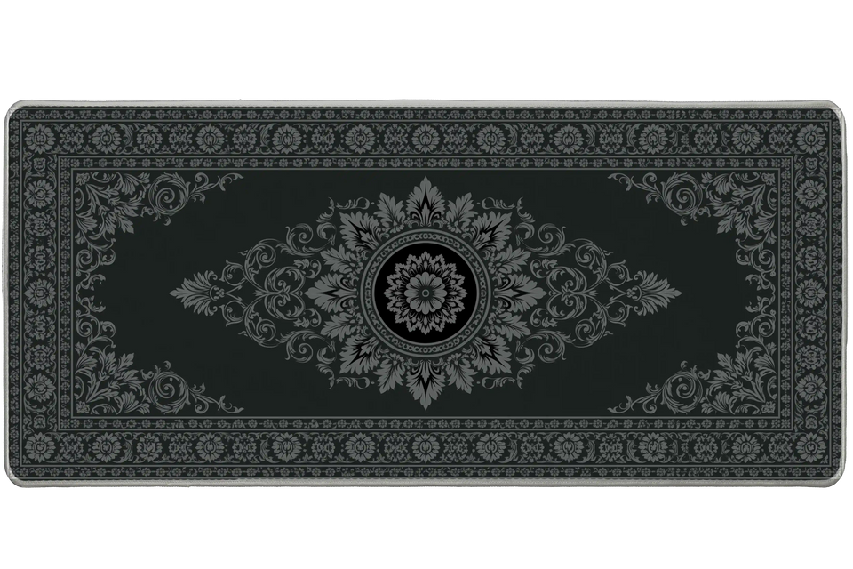 Dark Ornate Floral Vintage Pattern desk mat with vintage-inspired scrollwork, decorative borders, and a