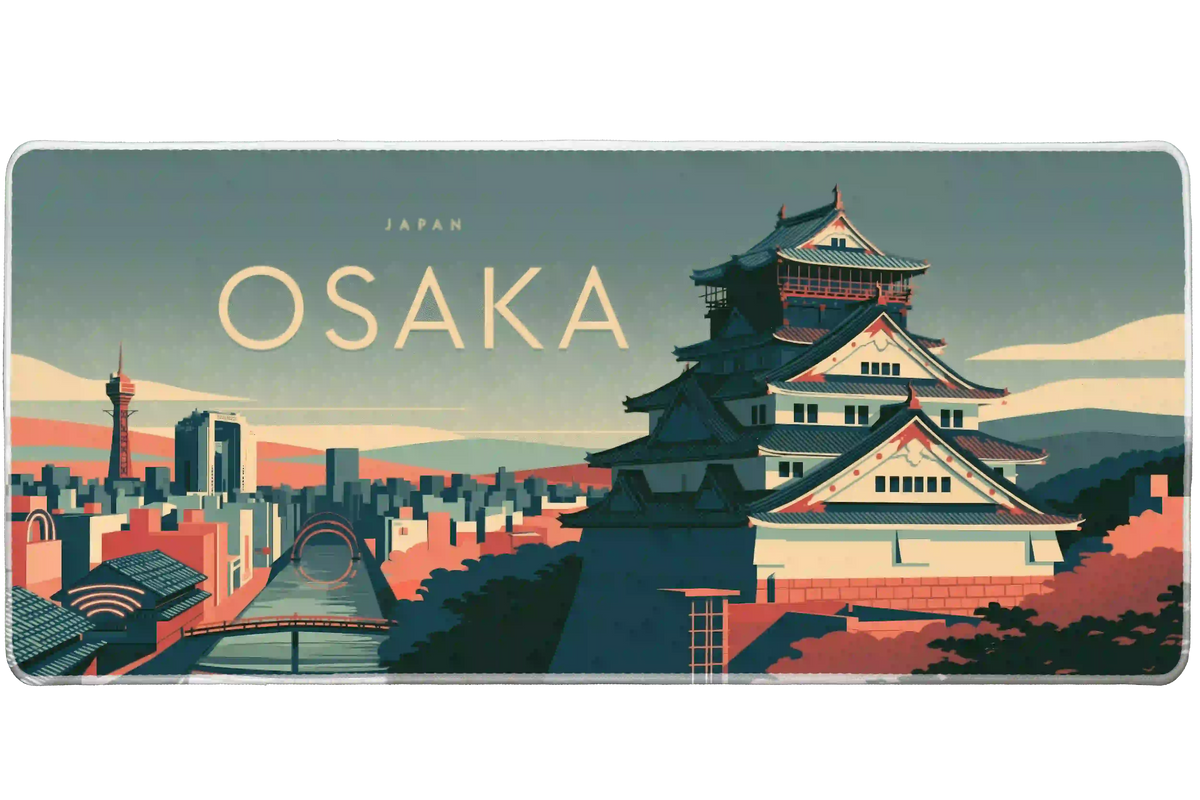 Osaka desk mat artwork showing Osaka Castle with layered roofs above canals and a teal city skyline