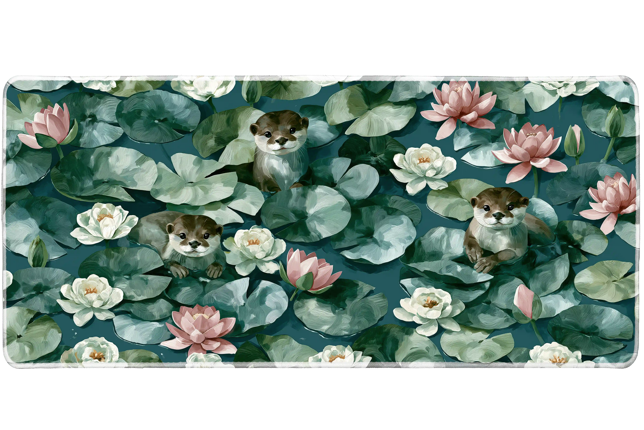 Otter Lily Pad Water Lily desk mat with resting otters, green lily pads, soft water lilies