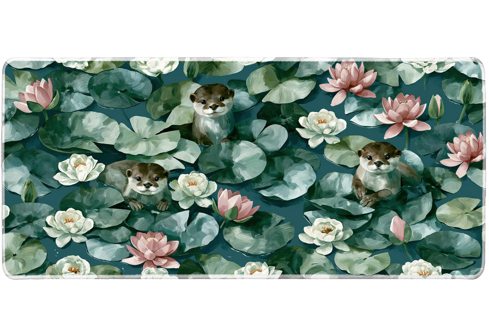 Otter Lily Pad Water Lily desk mat with resting otters, green lily pads, soft water lilies
