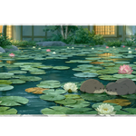 Otter Lily Pond Lotus Garden desk mat with sweet otters, green lily pads, water reflections