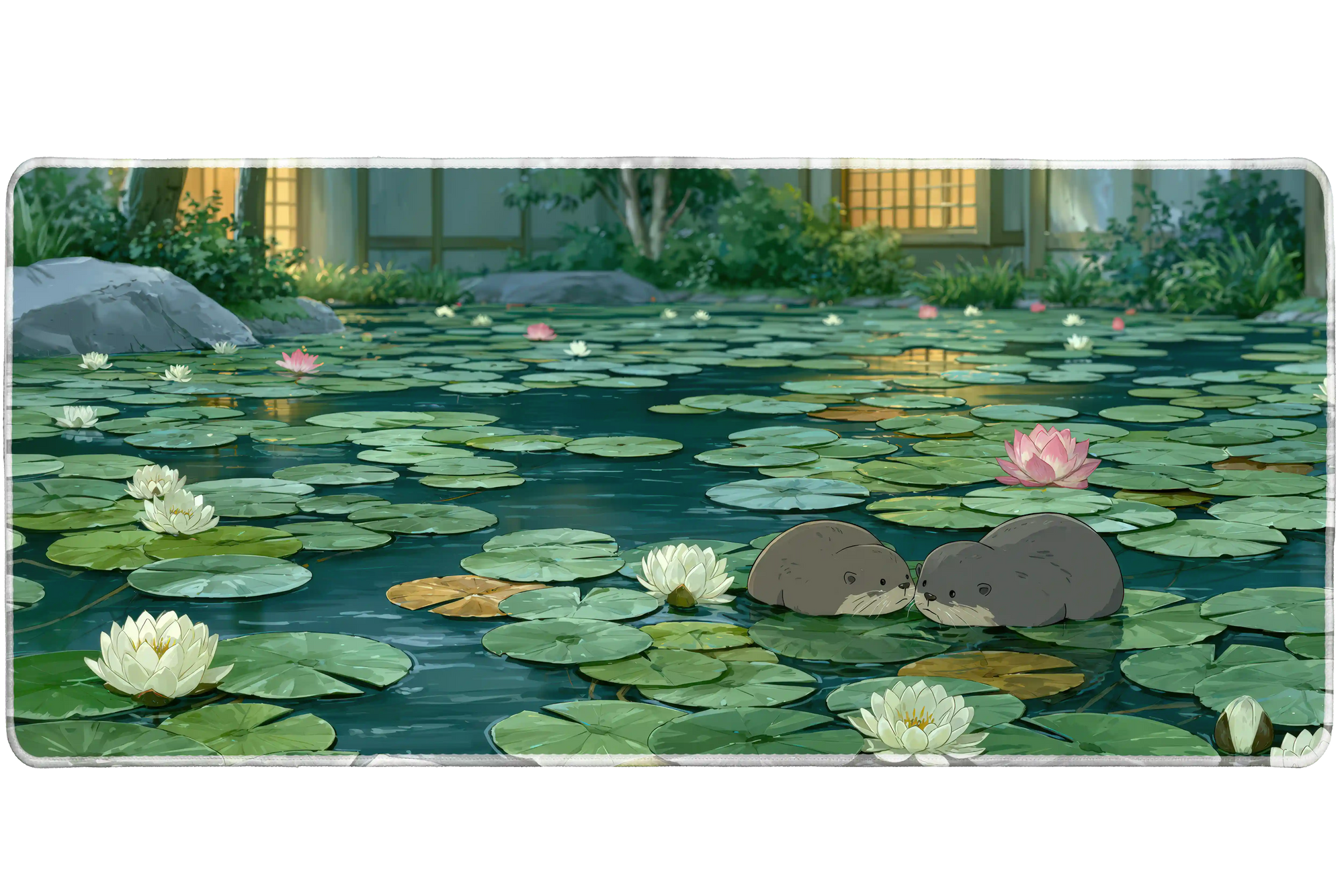 Otter Lily Pond Lotus Garden desk mat with sweet otters, green lily pads, water reflections