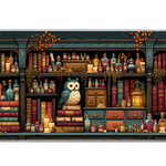 Mystic Owl Apothecary Desk Mat | Potion Shelf artwork on an extended desk mat with mystic owl apothecary design